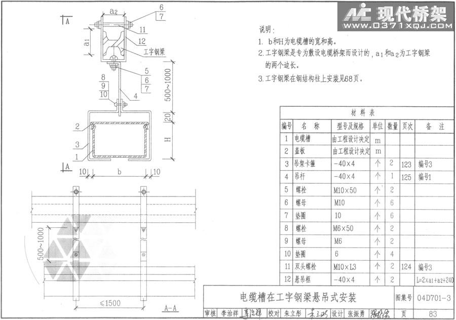 电缆槽在工字钢梁悬吊式安装