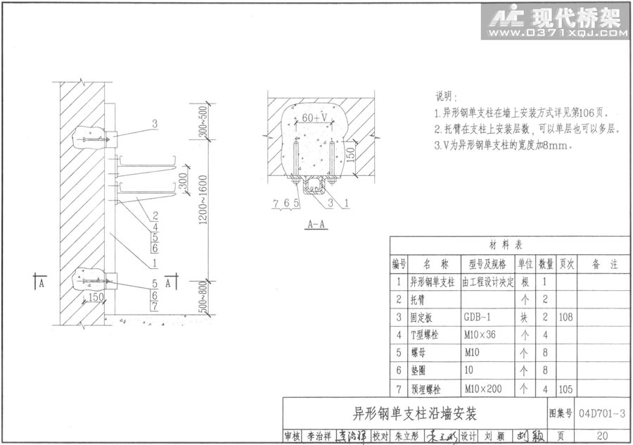 异形钢单支柱沿墙安装